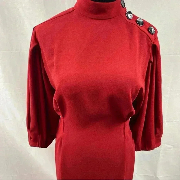 ZARA Midi Dress Ballon Sleeve Maroon W/ Buttons On Shoulder Ties Small - Picture 3 of 8